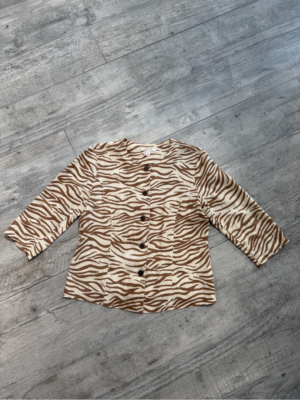 JM Collection Animal Print Zebra 100% Linen 3/4 Sleeve Jacket Top